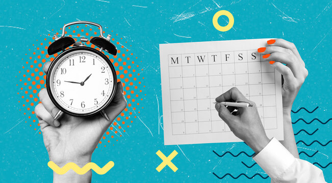 Art collage showing a clock and a calendar with hands writing on it and holding the clock