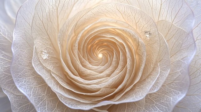 Delicate cream colored rose with water droplets exhibits a spiraling petal arrangement