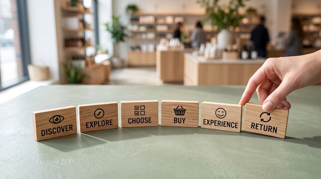 Customer journey visualized with wooden blocks showing steps from discovery to return in a retail store setting.