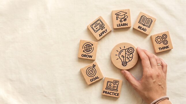 Conceptual illustration of personal growth and learning journey with wooden blocks depicting stages like goal setting, practice, thinking, reading, and applying knowledge.
