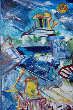Atlantis drowning original painting, Classical ancient architecture ruination.
