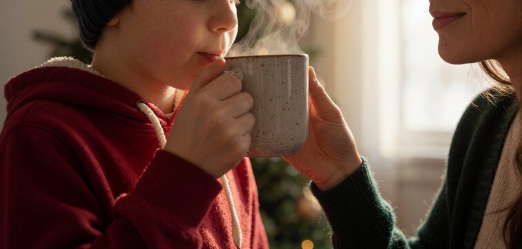 Cozy moment of a boy drinking hot cocoa while a woman watches, suggesting a festive Christmas tree scene.