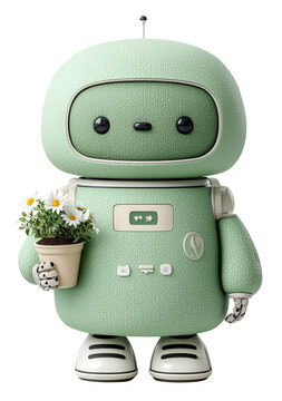 Mint colored robot holding small pot of daisies, showcasing cute and friendly design. robot texture resembles fabric, adding soft appearance. Its simple features and tiny antenna enhance, isolated