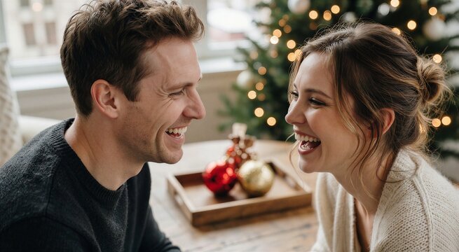Joyful moment of a couple hanging Christmas ornaments, captured in a warm, intimate close-up setting.
