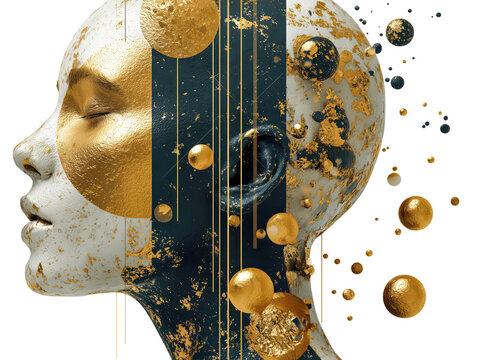 Surreal portrait of human face combined with glossy metallic blobs, featuring gold and silver textures. artistic composition blends abstract elements with futuristic style, evoking sense, isolated
