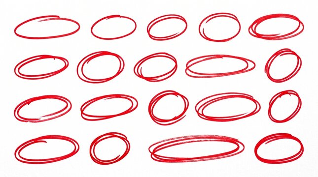 Hand drawn red circles set isolated on white background for emphasis and highlighting design