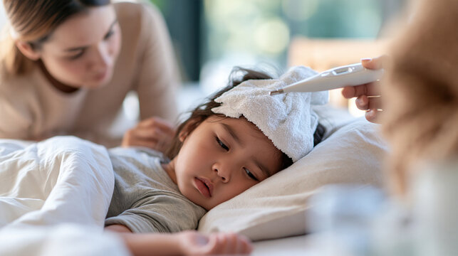 Child lying in bed with a cold compress on forehead, worried mother checking temperature, seasonal illness concept, copy space