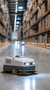 Autonomous floor cleaning robot moving along a wide warehouse aisle between tall storage racks low wide angle with the compact machine in the foreground and a faint freshly cleaned