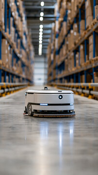Autonomous floor cleaning robot moving along a wide warehouse aisle between tall storage racks low wide angle with the compact machine in the foreground and a faint freshly cleaned