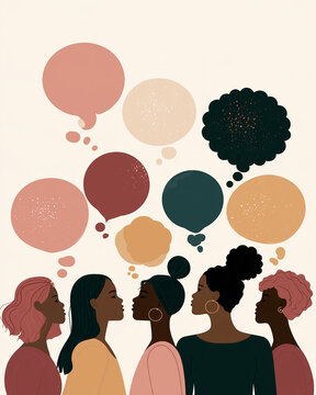 Women's Voices, Unified Thoughts: A diverse group of women stand together, their thoughts expressed through colorful, abstract speech bubbles, symbolizing collective ideas and empowerment.