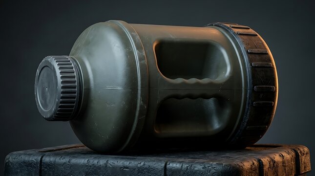 Futuristic dark metal container with orange details resting on a textured industrial storage surface. heavy-duty jug designs