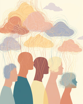 Mindscapes of Collective Consciousness: A stylized illustration depicting a diverse group of silhouettes, each connected by ethereal threads to colorful, wispy cloud-like forms.