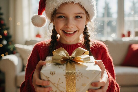 Joyful young girl holding a wrapped Christmas gift, showcasing festive cheer in a cozy living room setting.