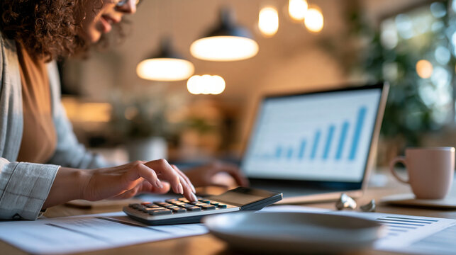 Woman calculating expenses with a calculator beside a laptop showing financial graphs, budgeting concept, copy space