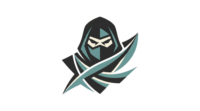 Dynamic Ninja Assassin Mascot Logo Illustration with Crossed Blades for Gaming and Esports Teams.