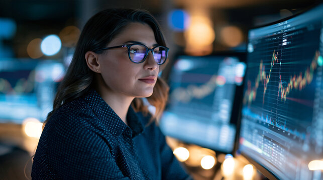 Woman comparing two budget scenarios on a split-screen monitor, financial decision-making concept, focused expression, copy space