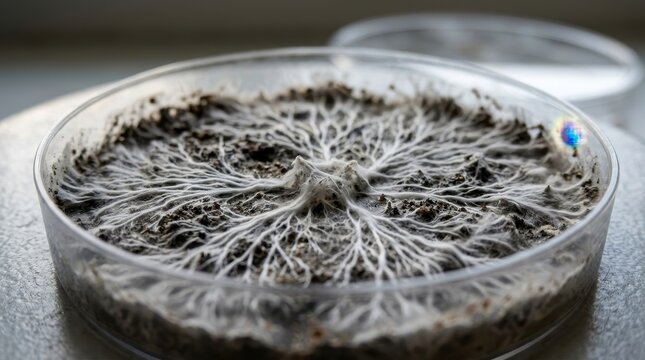 Intricate white mycelium network spreading across dark soil substrate in a laboratory petri dish, showcasing scientific fungal growth.