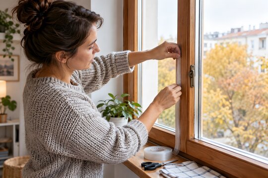 Homeowner sealing a drafty window to improve insulation