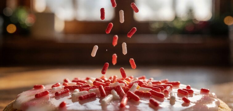 Close-up action shot of bright red and white sprinkles falling onto a glossy, frosted cookie, capturing the essence of festive Christmas dessert preparation.