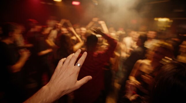 Hand raised in crowded dance floor with warm golden lighting