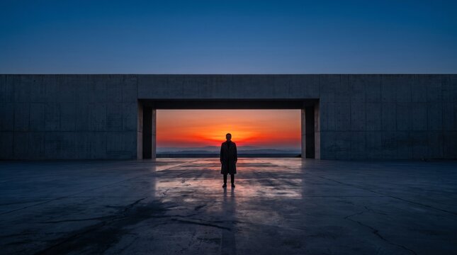 Solitary figure contemplating sunset through concrete archway