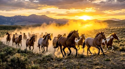 Fototapeta premium Glowing Golden Hour Dust Clouds Behind Running Wild Horses
