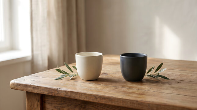 Amicable divorce concept with two separate cups on a wooden table representing peaceful separation and split life