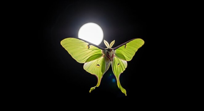 Luna moth flying in front of a bright full moon at night