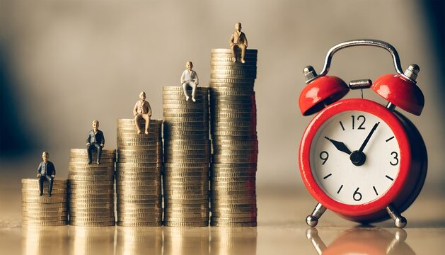 Miniature figures sitting on growing coin stacks beside a red alarm clock representing growth