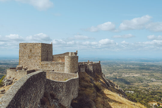 Scenic view of the medieval Castle of Marvao standing on a rocky hill in Alentejo, Portugal