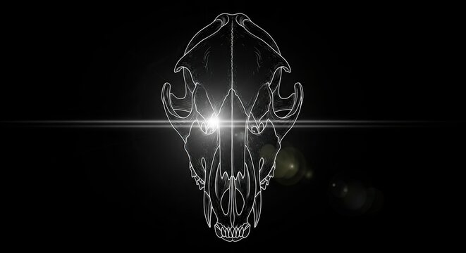 Stylized animal skull illustration with glowing eyes on black background