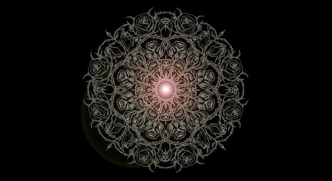 Ornate floral mandala pattern with glowing center on black background