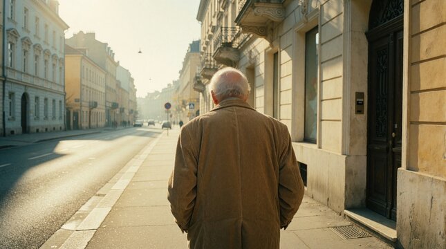 Elderly man with dementia walks alone on city street. Senior person looks confused, lost wandering down urban sidewalk. Disoriented old man faces memory loss, cognitive decline in public area during