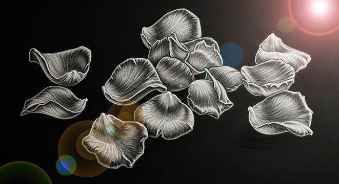 White chalk rose petals drawing on a black chalkboard background