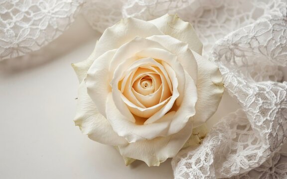 Single cream rose flower resting on white lace fabric, top-down view