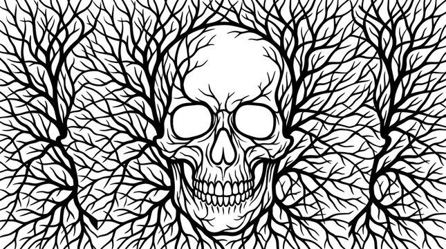 Gothic black and white line art illustration of a human skull intertwined with a dense network of tangled leafless tree branches