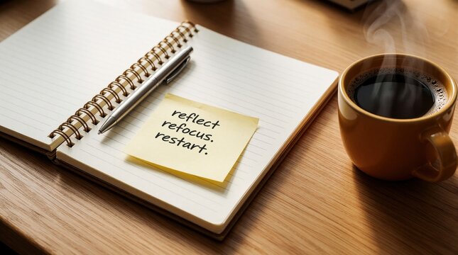 Open notebook with pen, sticky note on wooden desk. Yellow paper shows text reflect refocus restart. Hot steaming coffee cup sits nearby. Minimalist workspace setup for mindfulness, mental health,