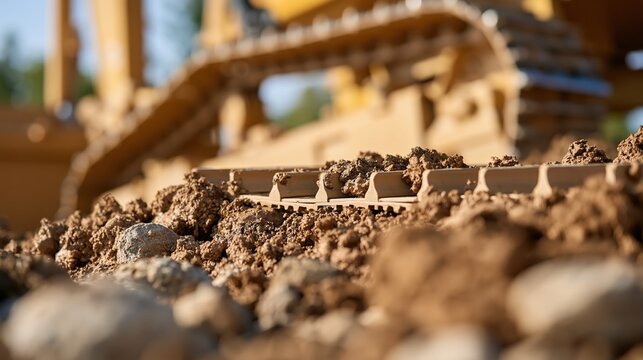 Close-up of bulldozer blade grading earth and soil at construction site