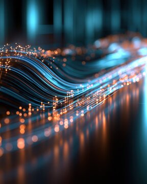 Abstract glowing fiber optic strands representing data flow and digital network connections with bokeh lights