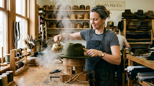 Professional Female Milliner Crafting Artisan Fedora Hat with Steam in Traditional Hat-making Studio