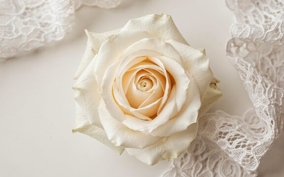 Single cream rose flower with white lace ribbon on a light background