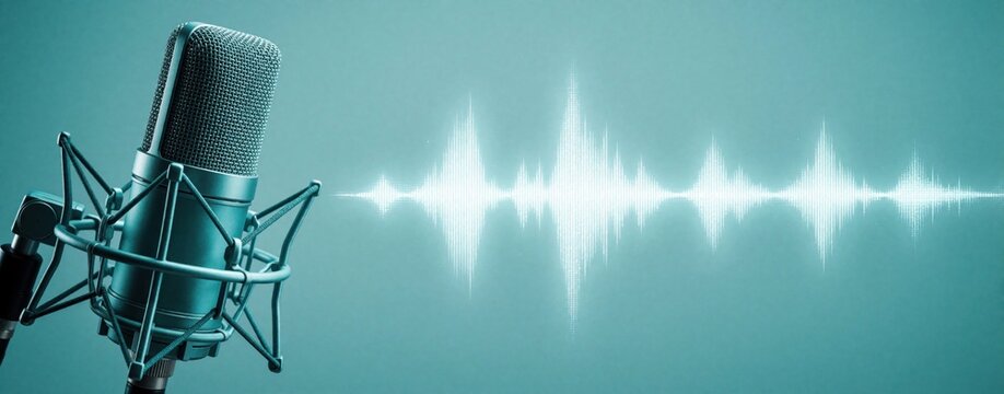 Pro condenser microphone with digital audio waveform on blue background. Sound signal visualizes voice recording for podcast, radio broadcast music production. Modern studio equipment setup with copy