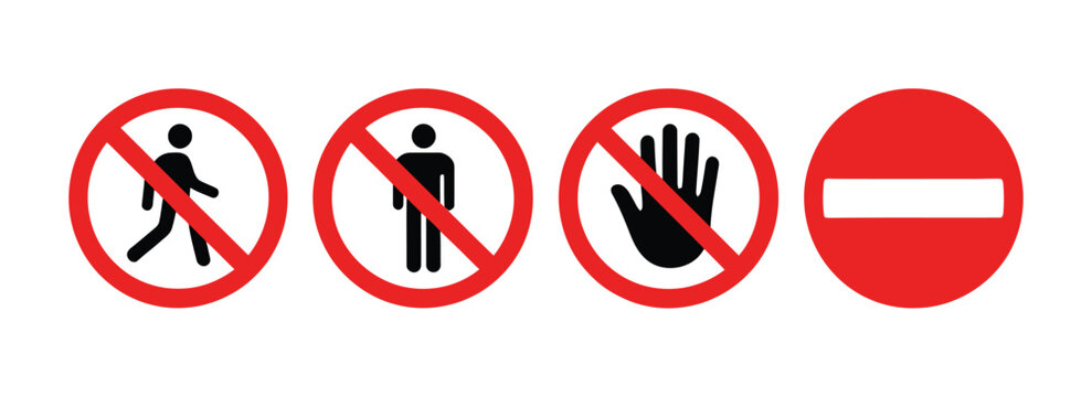 No entry prohibition sign icon set, pedestrian, person, stop hand and restricted access symbols, warning signs, safety regulations, vector illustration, access control