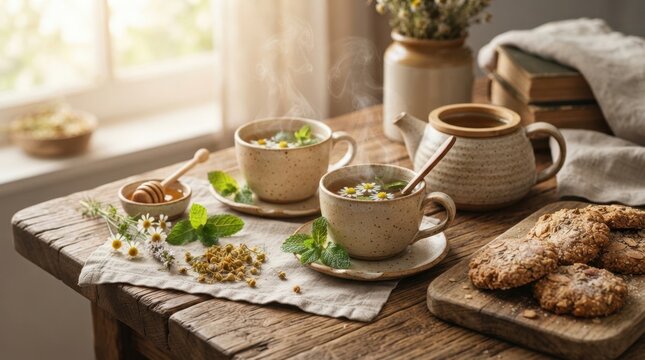 Steaming chamomile tea cups with fresh mint leaves and oatmeal cookies on a rustic wooden table
