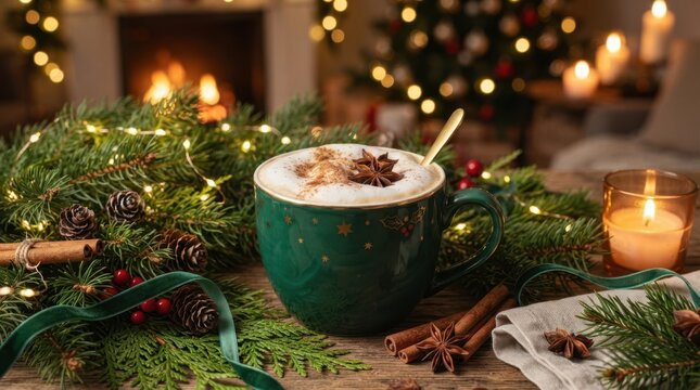 Green mug of hot coffee with star anise on a festive table with pine branches and candles