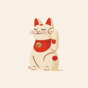 A Maneki-neko fortune cat stands with a raised paw, featuring warm cream and red colors, symbolizing luck and fortune in Japan.