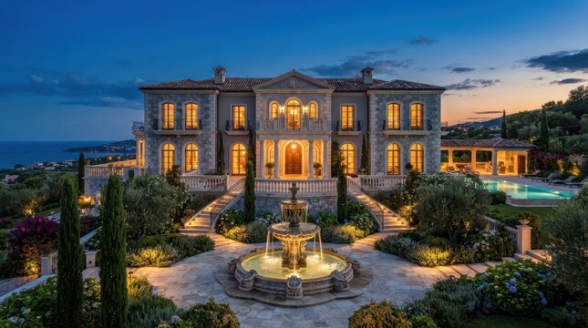 Luxury villa with a stone fountain and swimming pool at sunset overlooking the coastal sea