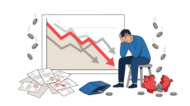 Stressed businessman facing financial crisis with failing stock market charts empty wallet and broken piggy bank in a difficult economic situation