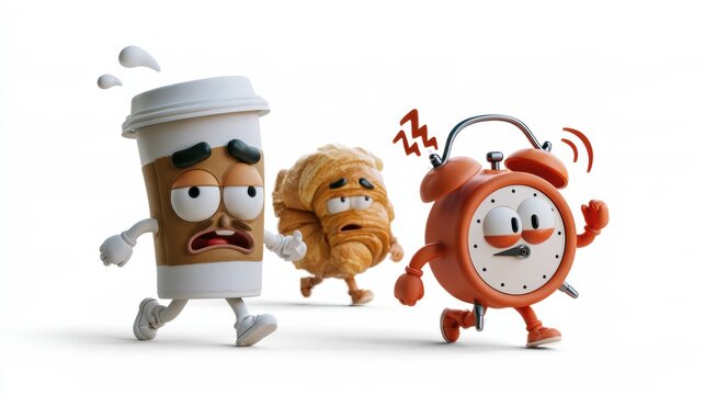A tired coffee cup drags itself to work while a half-awake croissant follows. An alarm clock character rings loudly in this relatable morning scene.