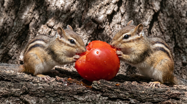 Two cute wild chipmunks on a tree trunk eating a fresh ripe red tomato in nature.
